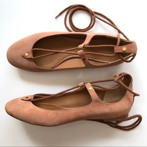 Chloé Brown Leather Suede Ankle Wrap Tie Up Flats